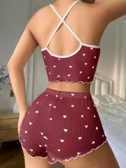 Arias Closet Pamuklu Kahverengi Üstüne Beyaz Kalp Desen Fitilli Askılı Şortlu Pijama Takımı