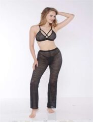 Arias Closet Siyah Transparan Göğüs İp Detaylı Fantezi Sütyen Pijama Takımı