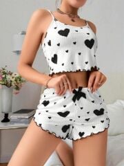 Arias Closet Pamuklu Beyaz Üstüne Siyah Kalp Desen Fitilli Askılı Şortlu Pijama Takımı