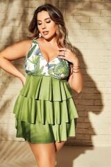 Arias Closet Büyük Beden Yeşil Fırfırlı Yaprak Desenli Kalın Askılı Gecelik