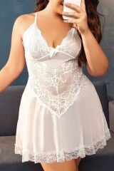 Arias Closet Büyük Beden Beyaz Dantel İşlemeli İnce Askılı Gecelik