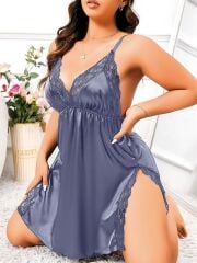 Arias Closet Büyük Beden Lacivert Dantel İşlemeli İnce Askılı Saten Fantezi Gecelik