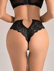 Arias Closet Siyah Dantel İşlemeli Arkası Kalp Detaylı Fantezi String Tanga