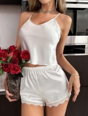Arias Closet Beyaz Dantel İşlemeli İnce Askılı Saten Şortlu Takım