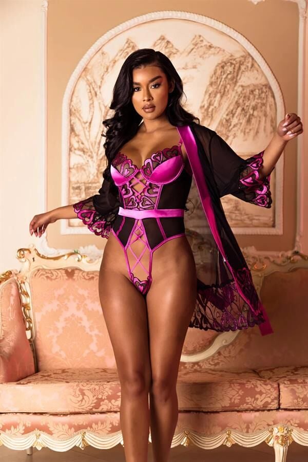 Arias Closet Fuşya Dantel İşlemeli Kalp Desenli Fantezi Gecelik Body Takımı