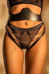 Arias Closet Siyah Zincir Aksesuarlı Fantezi Deri Vücut Harness