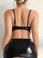 Arias Closet Siyah İp Dekolteli Mini Etekli Fantezi Parlak Deri Kostüm