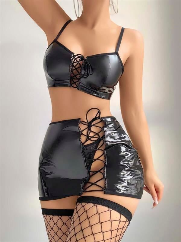 Arias Closet Siyah İp Dekolteli Mini Etekli Fantezi Parlak Deri Kostüm