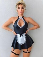 Arias Closet Siyah Göğüs Dekolteli Boyundan Bağlamalı Mini Etekli Fantezi Deri Hizmetçi Kostümü
