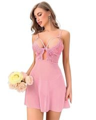 Arias Closet Pembe Dantel İşlemeli Göğüs İp Detaylı Fantezi Tül Gecelik Takımı