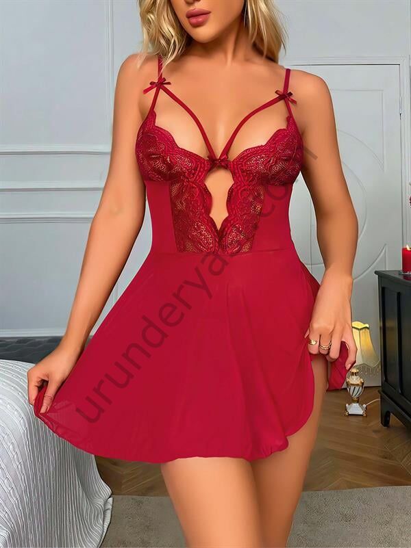 Arias Closet Bordo Dantel İşlemeli Göğüs İp Detaylı Fantezi Tül Gecelik Takımı