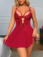 Arias Closet Bordo Dantel İşlemeli Göğüs İp Detaylı Fantezi Tül Gecelik Takımı