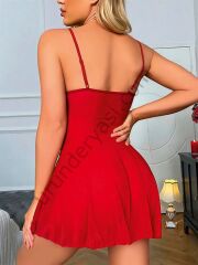 Arias Closet Kırmızı Dantel İşlemeli Göğüs İp Detaylı Fantezi Tül Gecelik Takımı