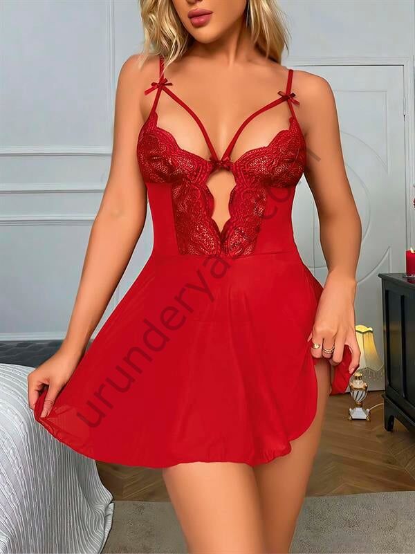 Arias Closet Kırmızı Dantel İşlemeli Göğüs İp Detaylı Fantezi Tül Gecelik Takımı