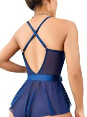 Arias Closet Mavi Dantel İşlemeli Kurdelalı Fantezi Tül Babydoll