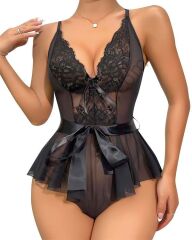 Arias Closet Siyah Dantel İşlemeli Kurdelalı Fantezi Tül Babydoll