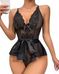 Arias Closet Siyah Dantel İşlemeli Kurdelalı Fantezi Tül Babydoll