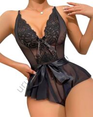 Arias Closet Siyah Dantel İşlemeli Kurdelalı Fantezi Tül Babydoll