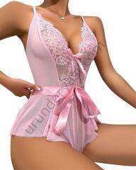 Arias Closet Pembe Dantel İşlemeli Kurdelalı Fantezi Tül Babydoll