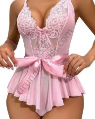 Arias Closet Pembe Dantel İşlemeli Kurdelalı Fantezi Tül Babydoll