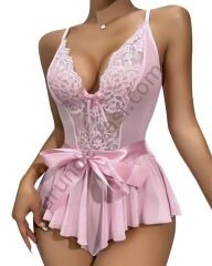 Arias Closet Pembe Dantel İşlemeli Kurdelalı Fantezi Tül Babydoll