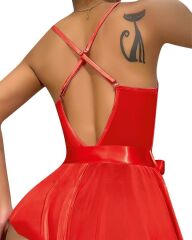 Arias Closet Kırmızı Dantel İşlemeli Kurdelalı Fantezi Tül Babydoll