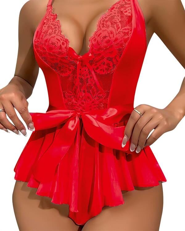 Arias Closet Kırmızı Dantel İşlemeli Kurdelalı Fantezi Tül Babydoll