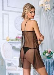 Arias Closet Siyah Dantel İşlemeli Önden Yırtmaçlı Fantezi Tül Gecelik Takımı