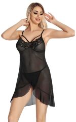 Arias Closet Siyah Dantel İşlemeli Göğüs İp Detaylı Fantezi Tül Gecelik