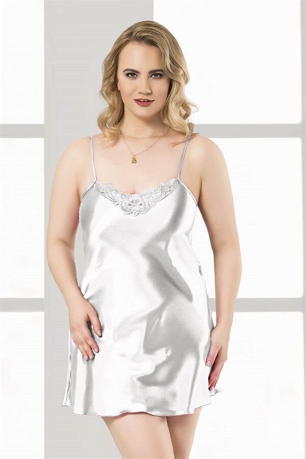 Arias Closet Büyük Beden Beyaz Kısa Saten Gecelik
