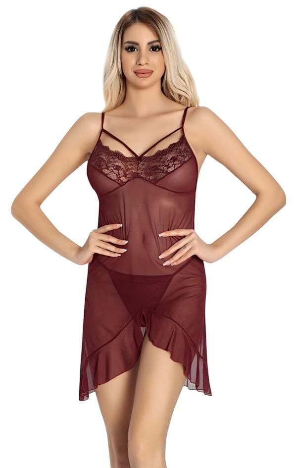 Arias Closet Bordo Dantel İşlemeli Göğüs İp Detaylı Fantezi Tül Gecelik