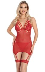 Arias Closet Kırmızı Dantel İşlemeli Göğüs İp Detaylı Fantezi Jartiyer Takımı