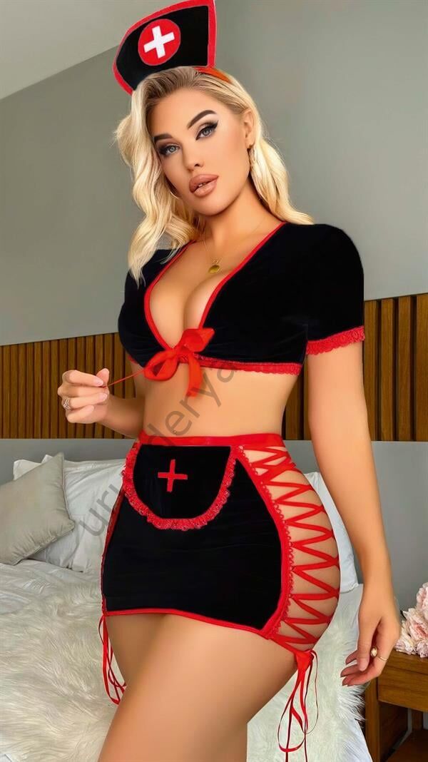 Arias Closet Siyah Kenarları İp Detaylı Fantezi Hemşire Kostüm