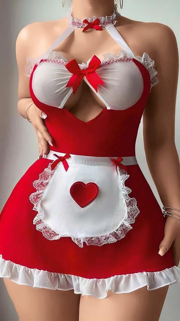 Arias Closet Kırmızı Beyaz Dantel İşlemeli Kalp Detaylı Fantezi Fransız Hizmetçi Kostümü