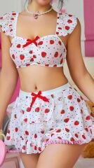 Arias Closet Beyaz Çilek Desenli Etekli Fantezi Sütyen Takım