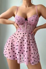 Arias Closet Pembe Kalp Desenli Dantel İşlemeli Fantezi Gecelik