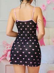 Arias Closet Siyah Kalp Desenli Dantel İşlemeli Fantezi Gecelik