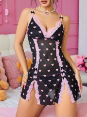 Arias Closet Siyah Kalp Desenli Dantel İşlemeli Fantezi Gecelik