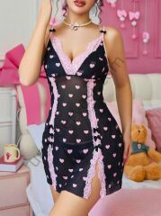 Arias Closet Siyah Kalp Desenli Dantel İşlemeli Fantezi Gecelik