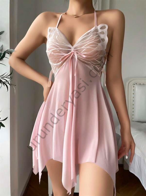 Arias Closet Pembe Kelebek İşlemeli Tül Fantezi Gecelik
