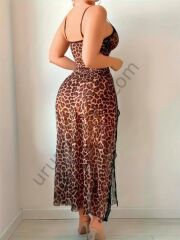 Arias Closet Leopar Desenli Yırtmaçlı Fantezi Uzun Gecelik