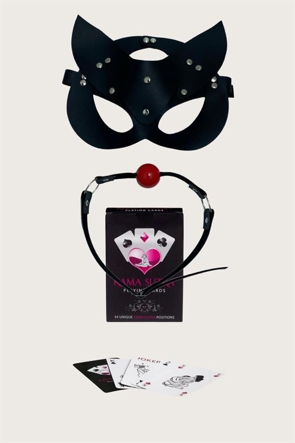Arias Closet Sexy Görselli Oyun Kartı Kama Sutra Siyah Ağız Topu Maske Set