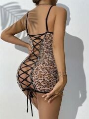 Transparan Leopar Tül Arkası Çapraz İpli Fantezi Gecelik