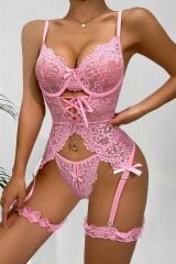 Arias Closet Özel Tasarım Dantelli Fantezi Pembe Jartiyer Takımı