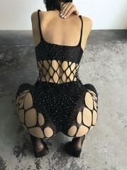 Arias Closet Özel Tasarım Siyah Kare İp Detaylı Fantezi Body Vücut Çorabı