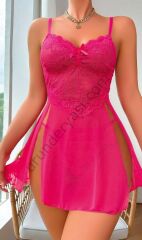 Arias Closet Fuşya Dantel İşlemeli Transparan Fantezi Tül Gecelik