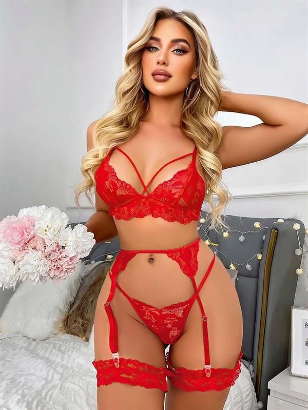 Arias Closet Kırmızı Göğüs İp Detaylı Dantel İşlemeli Fantezi Jartiyer Takımı