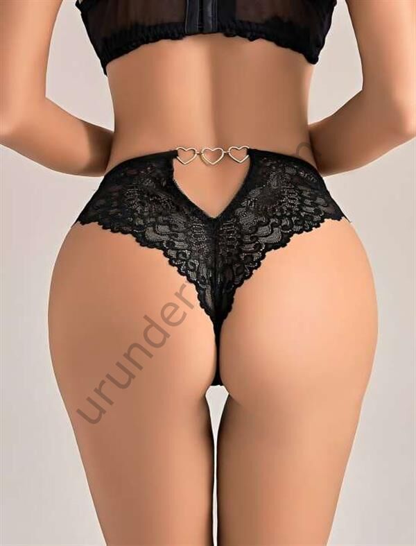 Arias Closet Siyah Dantel İşlemeli Arkası Kalp Detaylı Fantezi String Tanga