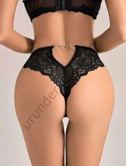 Arias Closet Siyah Dantel İşlemeli Arkası Kalp Detaylı Fantezi String Tanga