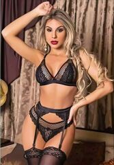 Arias Closet Siyah Dantel İşlemeli Fileli Fantezi Jartiyer Takımı